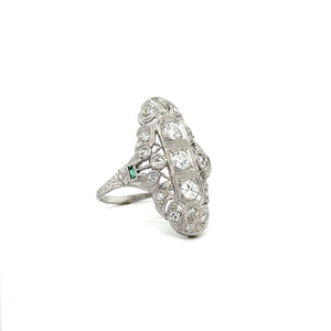 Platinum Art Deco Diamond Emerald Navette Filigree Ring at