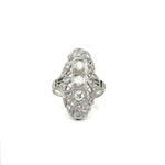 Load image into Gallery viewer, Platinum Art Deco Diamond Emerald Navette Filigree Ring at
