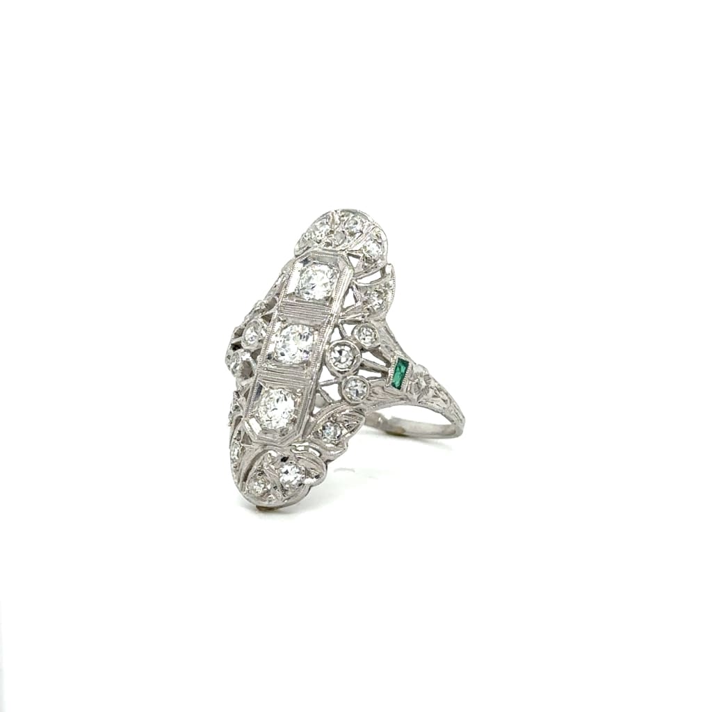 Platinum Art Deco Diamond Emerald Navette Filigree Ring at