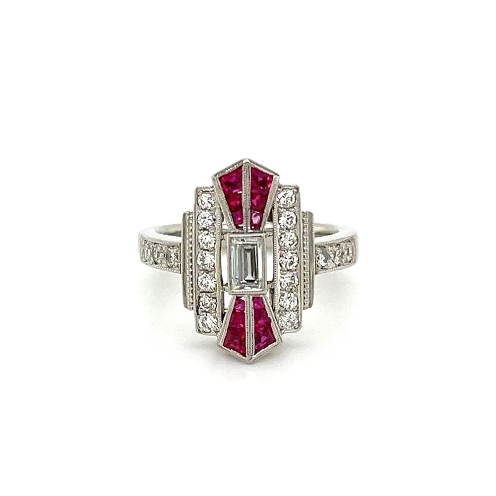 Platinum Art Deco Style Emerald Cut Diamond Ruby & Diamond
