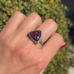 Load and play video in Gallery viewer, Platinum 4.17ct Trillion Red Spinel, Buff Top Onyx &amp; .30tcw OEC Diamond Ring Regard Jewelry Austin Texas
