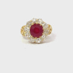 Load and play video in Gallery viewer, 2.99 CT Burma Ruby Estate Ring with Old Minner Cut Diamond Halo In Yellow Gold Regard Jewelry Austin Texas.
