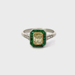 Load and play video in Gallery viewer, Estate Yellow Diamond With Emerald Halo Ring in Platinum Regard Jewelry Austin TX
