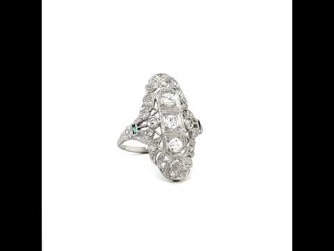Platinum Art Deco Diamond Emerald Navette Filigree Ring at Regard Jewelry in Austin, Texas