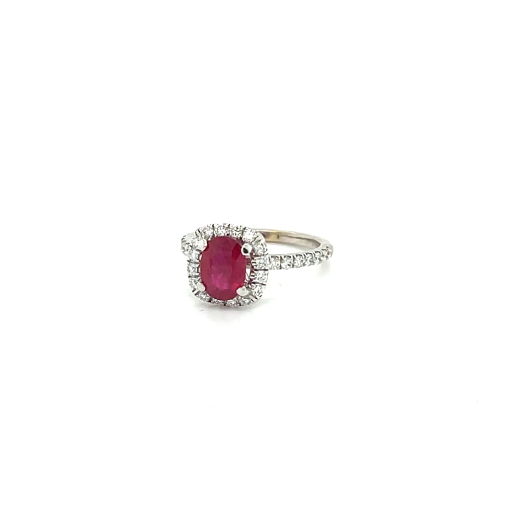 Ruby and Diamond Halo Ring at Regard Jewelry in Austin Texas
