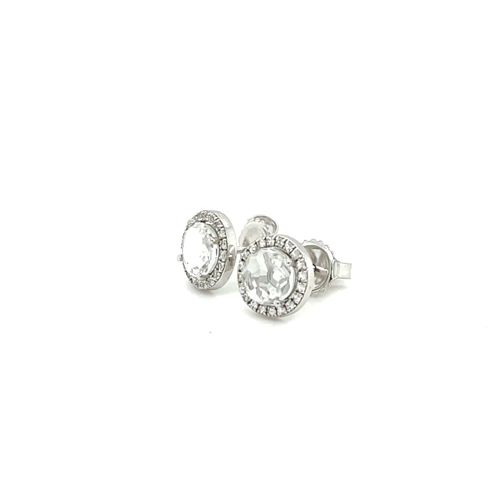 White Sapphire with Diamond Halo Earrings at Regard Jewelry