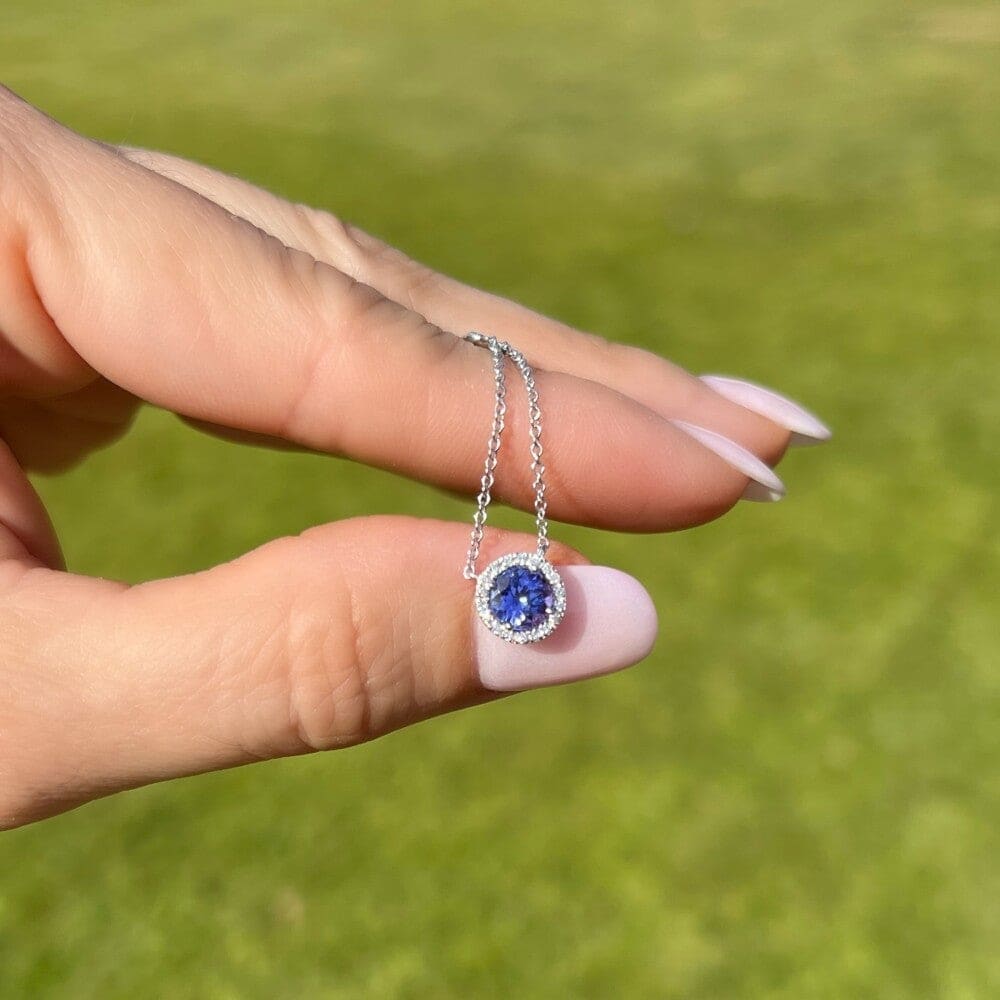 14K WG EFFY .75ct Round Tanzanite and .11tcw Diamond Halo Necklace 2.7g, 18" at Regard Jewelry in - Regard Jewelry
