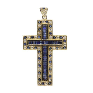 14K YELLOW GOLD CROSS WITH DIAMONDS AND SAPPHIRES IN AUSTIN, TEXAS - Regard Jewelry