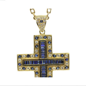 14K YELLOW GOLD CROSS WITH DIAMONDS AND SAPPHIRES IN AUSTIN, TEXAS - Regard Jewelry