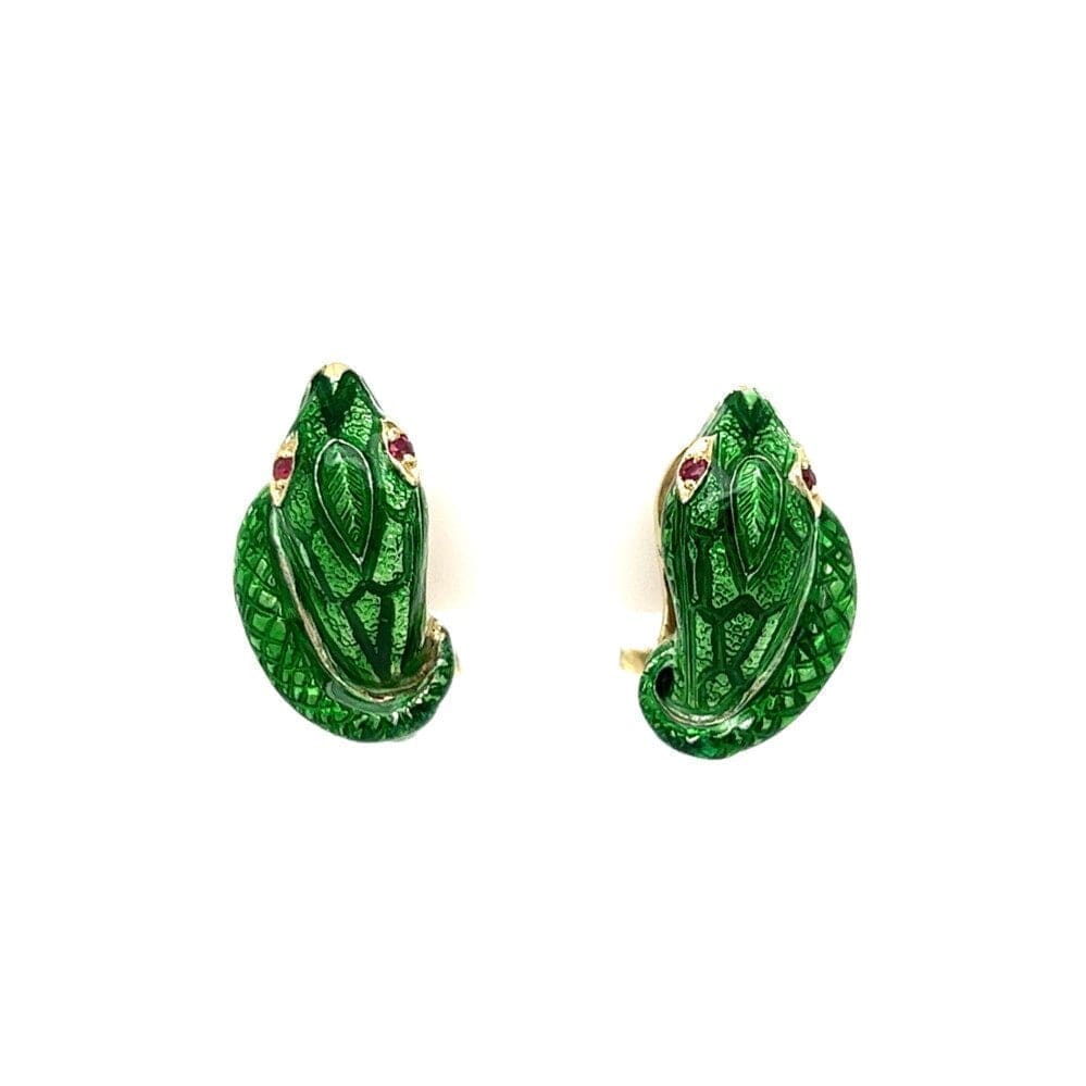 14K YG VICTOR MAYER Green Enamel Serpent Earrings w/Ruby Eyes 9.0g at Regard Jewelry in Austin, - Regard Jewelry
