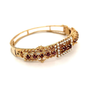14K YG Victorian Revival Garnet & Seed Pearl Bangle Bracelet at Regard Jewelry in Austin, Texas - Regard Jewelry