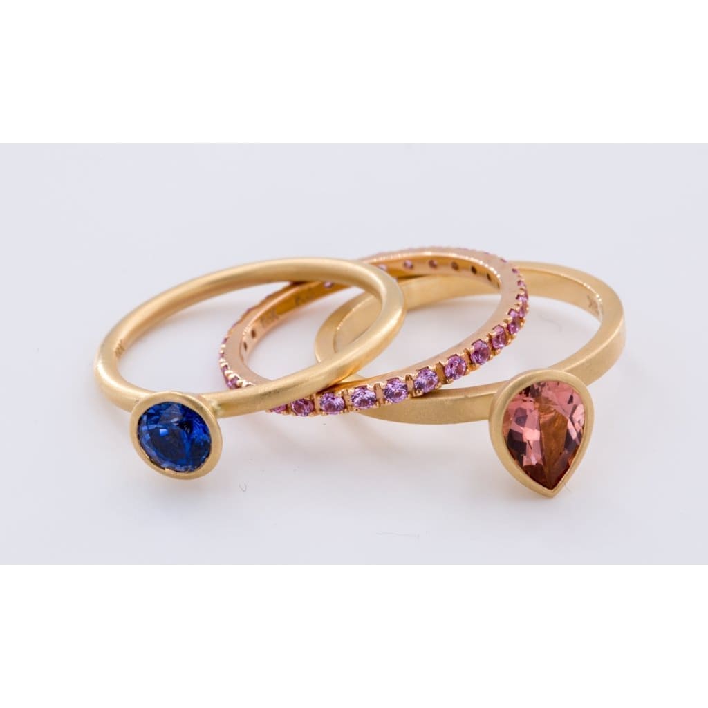 18k Matte Yellow Gold Yumdrop Ring Set with a Fine Quality Round Blue Sapphire by Kimberly Collins - Regard Jewelry