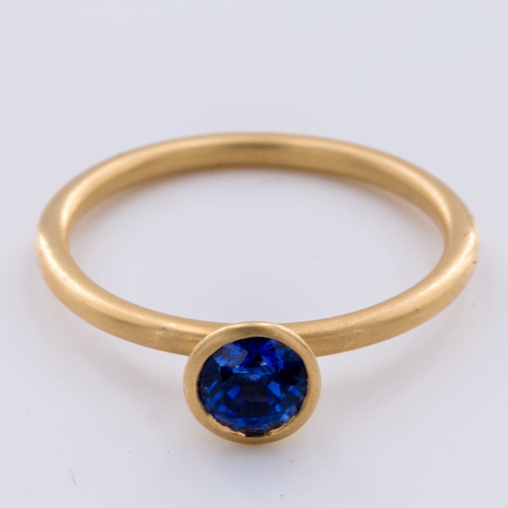 18k Matte Yellow Gold Yumdrop Ring Set with a Fine Quality Round Blue Sapphire by Kimberly Collins - Regard Jewelry