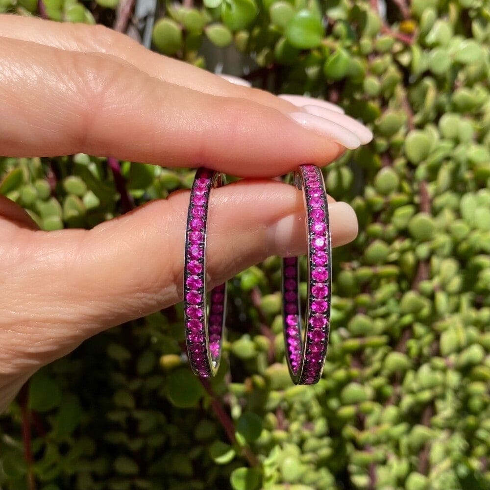 18K WG Inside Out Pink Sapphire Hoops 16.4g, 3.7mm x 1.6" at Regard Jewelry in Austin, Texas - Regard Jewelry