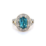 Load image into Gallery viewer, 18k YG 3.76 ct Antique Cushion Blue Zircon Ring with Accent Diamonds at Regard Jewelry in Austin, Texas - Regard Jewelry
