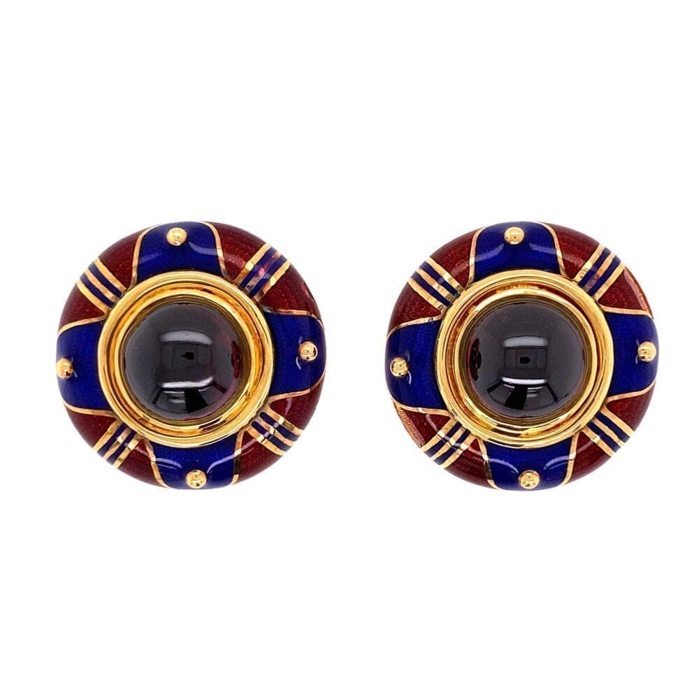18K YG 31.74tcw Cabochon Rhodolite Garnet, Blue & Red Enamel Clip Earrings 39.8g, 1.2" at Regard - Regard Jewelry