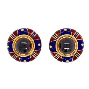 18K YG Cabochon Rhodolite Garnet, Blue & Red Enamel Clip Earrings at Regard Jewelry in Austin, Texas - Regard Jewelry