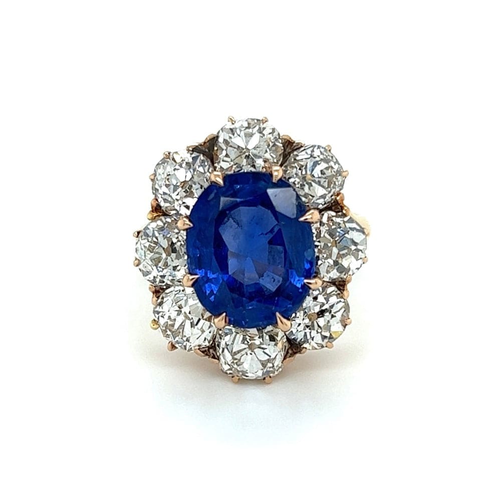 5.53 ct Burma No Heat Sapphire and 3.55 cttw Old Euro Cut Diamond Ring at Regard Jewelry in Austin, Texas - Regard Jewelry