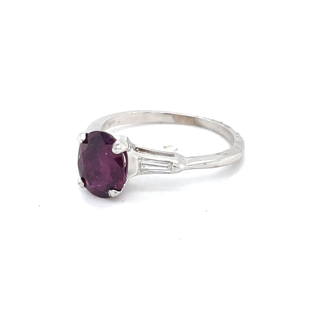 2 Carat Oval Ruby Set With 2 Diamond Baguettes in a 14k White Gold Ring at Regard Jewelry in Austin, - Regard Jewelry
