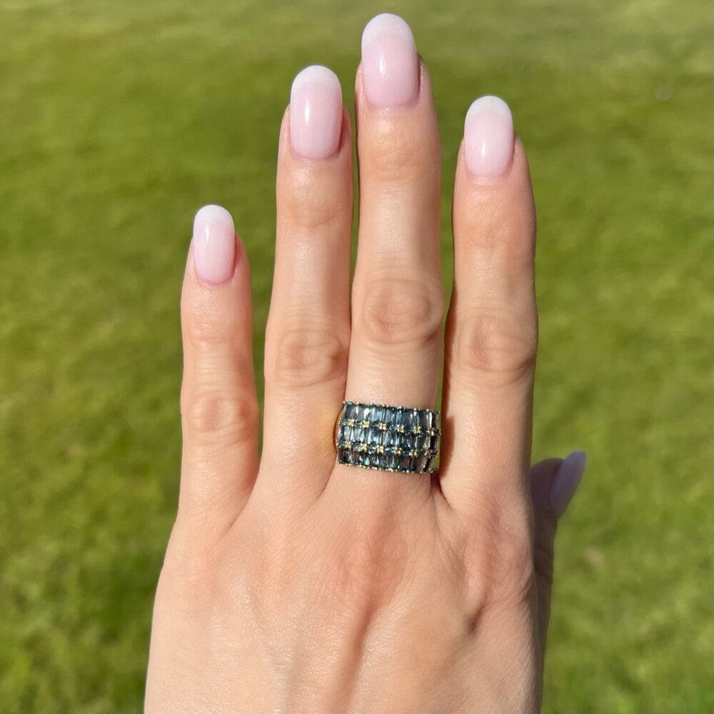 3 Row Green Blue 5.40tcw Emerald Cut Sapphire Band Ring at Regard Jewelry in Austin, Texas - Regard Jewelry