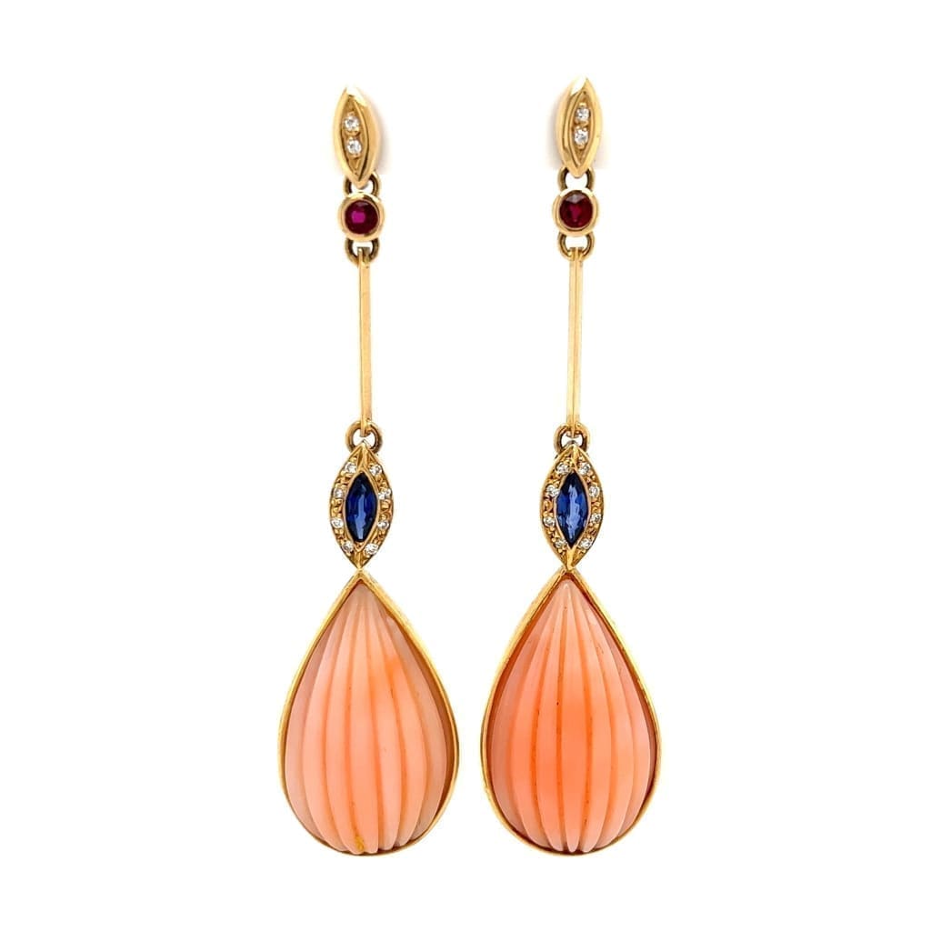 Angelskin Coral, Sapphire, Ruby & .12tcw Diamond Drop Earrings at Regard Jewelry in Austin, Texas - Regard Jewelry