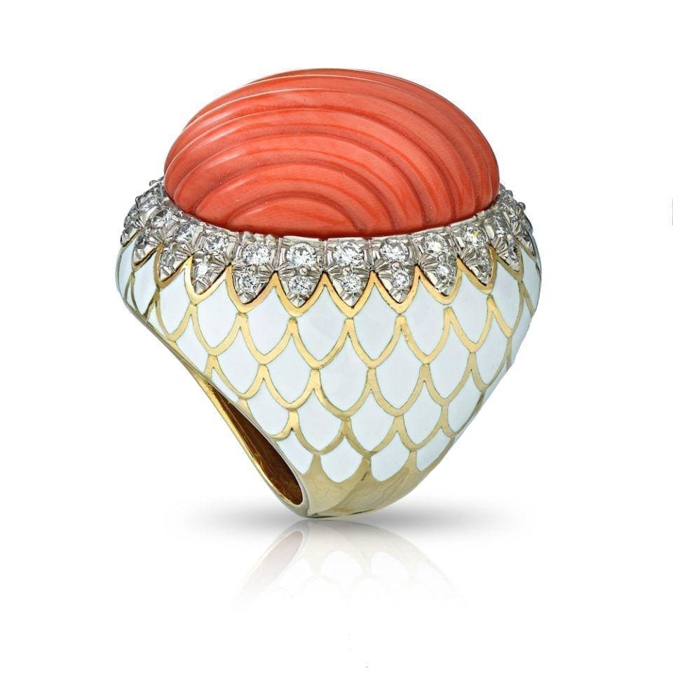 David Web Vintage Coral, Enamel and Diamond Ring at Regard Jewelry in Austin, Texas - Regard Jewelry