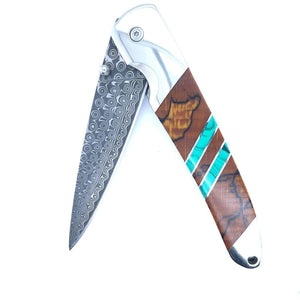 Double Sided Malachite Spalted Beech 4" Damascus Steel Linerlock With Clip - Regard Jewelry