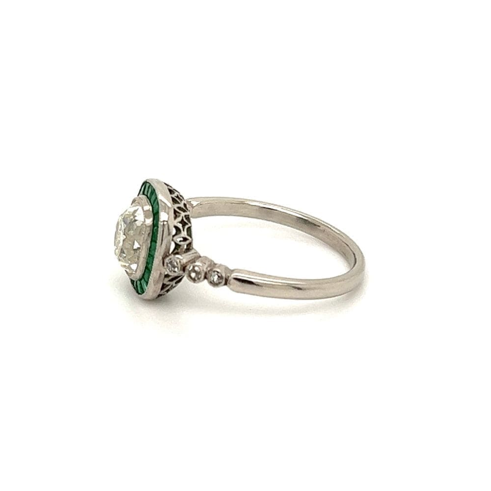 Estate Platinum Ring With 1.62ct Old Miner Cushion Diamond Ring With Emeralds at Regard Jewelry in - Regard Jewelry