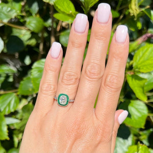 Estate Platinum Ring With 1.62ct Old Miner Cushion Diamond Ring With Emeralds at Regard Jewelry in - Regard Jewelry