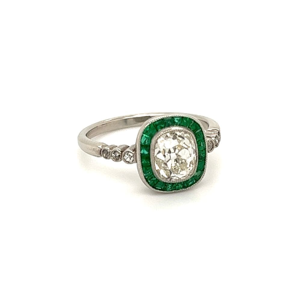 Estate Platinum Ring With 1.62ct Old Miner Cushion Diamond Ring With Emeralds at Regard Jewelry in - Regard Jewelry
