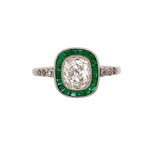 Estate Platinum Ring With 1.62ct Old Miner Cushion Diamond Ring With Emeralds at Regard Jewelry in - Regard Jewelry