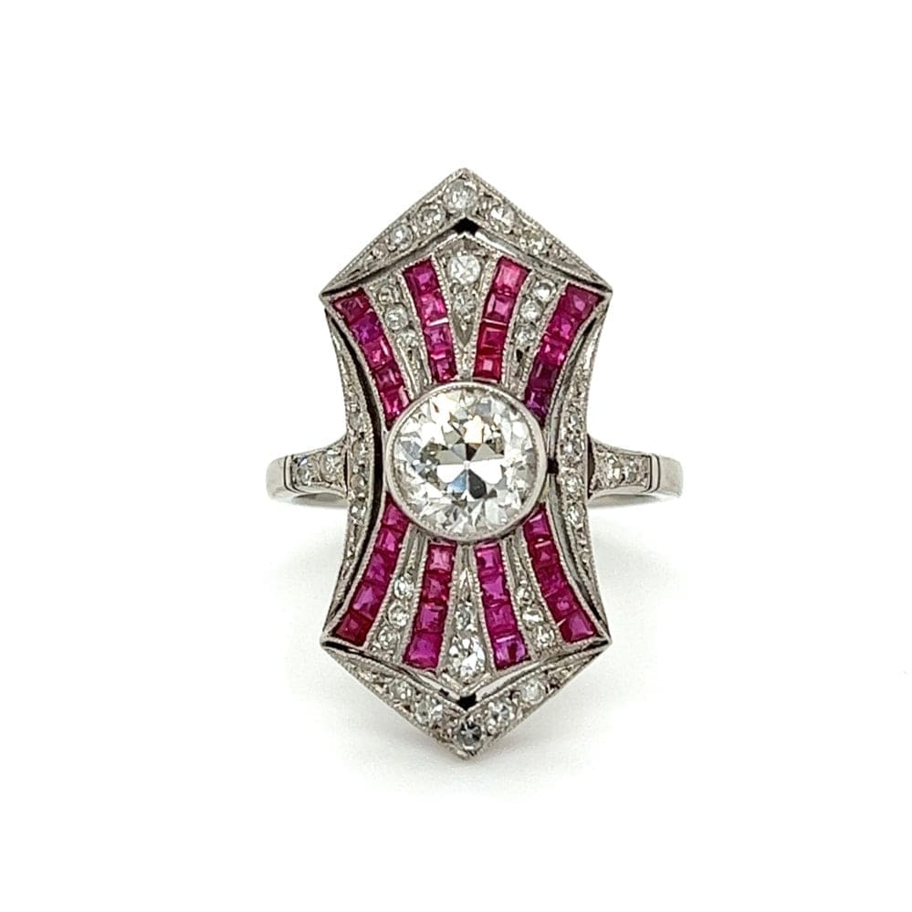 Platinum 1.00 ct Old Euro Cut Diamond With Accent Rubies and Diamond Ring at Regard Jewelry in Austin, Texas - Regard Jewelry