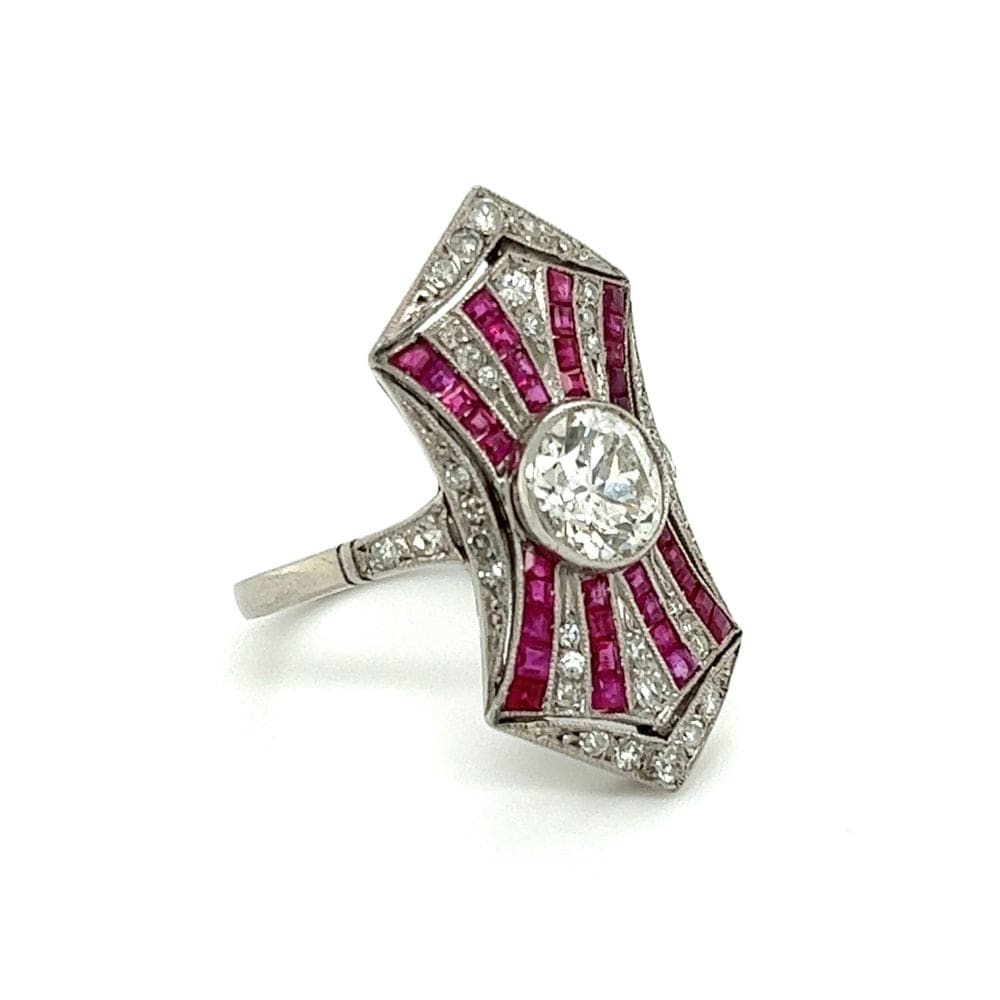 Platinum 1.00 ct Old Euro Cut Diamond With Accent Rubies and Diamond Ring at Regard Jewelry in Austin, Texas - Regard Jewelry