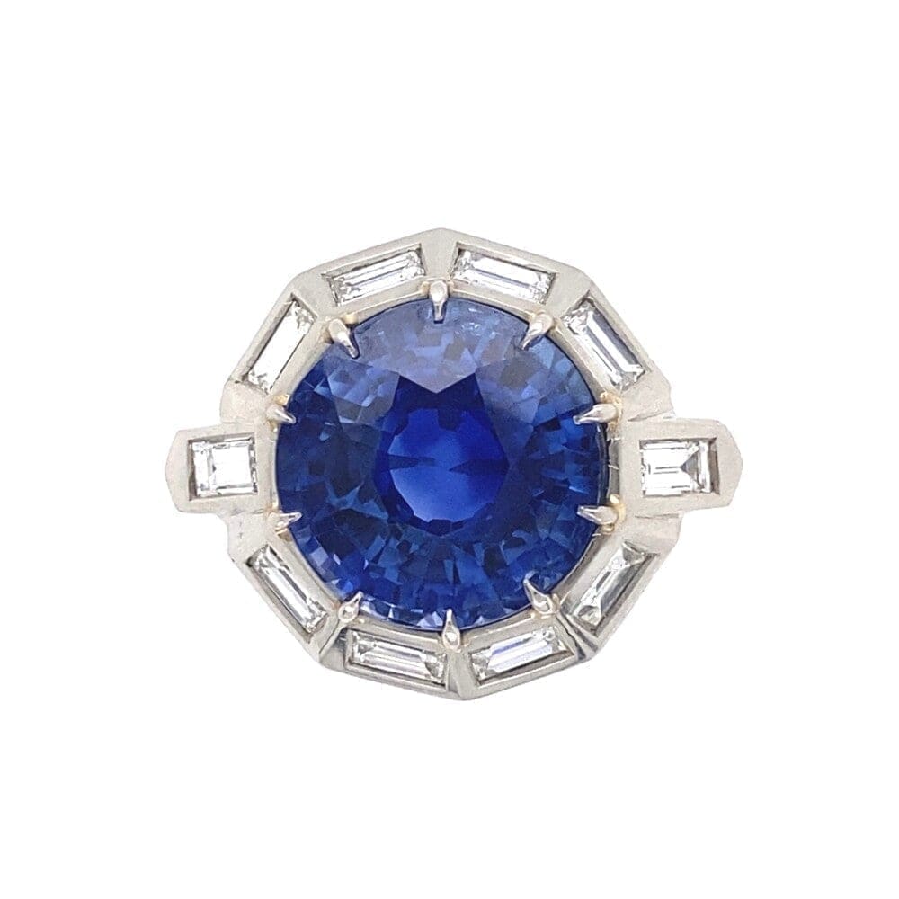 Platinum 1950's 9.11ct Round Blue Sapphire & 1.75tcw White Baguette Diamond Ring at Regard Jewelry - Regard Jewelry