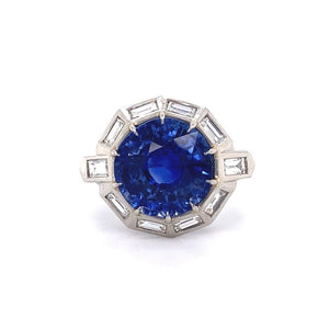 Platinum 1950's 9.11ct Round Blue Sapphire & 1.75tcw White Baguette Diamond Ring at Regard Jewelry - Regard Jewelry