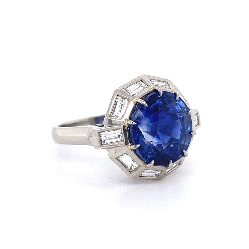 Platinum 1950's 9.11ct Round Blue Sapphire & 1.75tcw White Baguette Diamond Ring at Regard Jewelry - Regard Jewelry