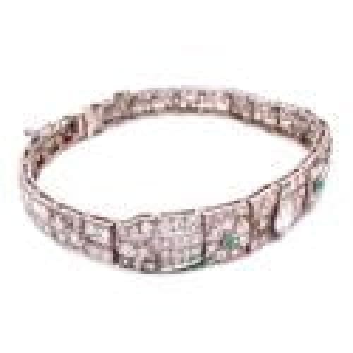 Platinum Art Deco Diamond Bracelet, 5.75tcw & .10tcw Emeralds 22.8g, 7" at Regard Jewelry in Austin, - Regard Jewelry