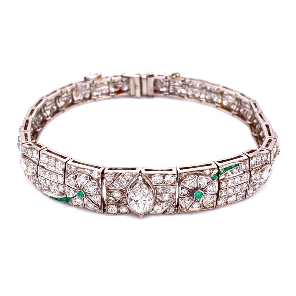 Platinum Art Deco Diamond Bracelet, 5.75tcw & .10tcw Emeralds 22.8g, 7" at Regard Jewelry in Austin, - Regard Jewelry