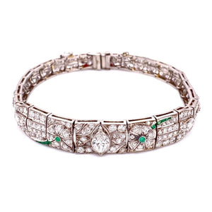 Platinum Art Deco Diamond Bracelet, 5.75tcw & .10tcw Emeralds 22.8g, 7" at Regard Jewelry in Austin, - Regard Jewelry