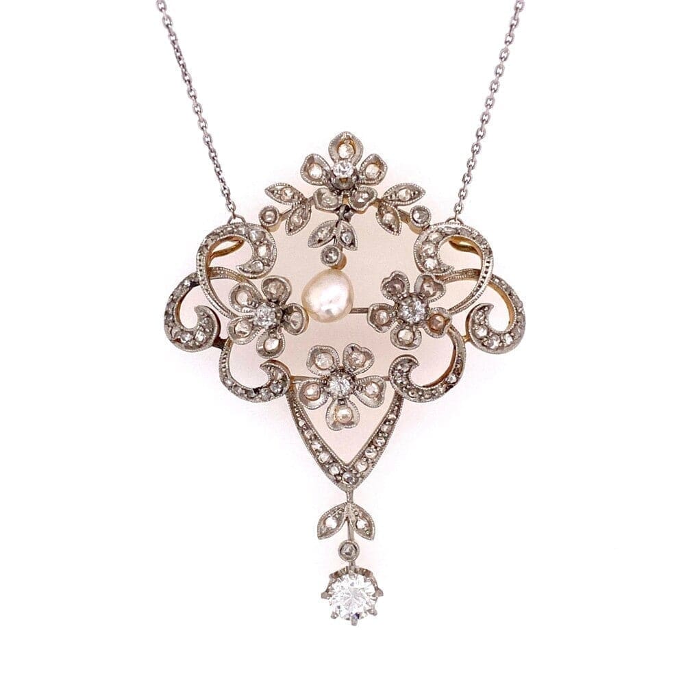 Platinum on 18K Edwardian 2.80tcw Diamond & Natural Pearl Necklace, 14K Chain 17" at Regard Jewelry - Regard Jewelry