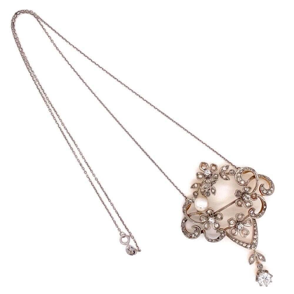 Platinum on 18K Edwardian 2.80tcw Diamond & Natural Pearl Necklace, 14K Chain 17" at Regard Jewelry - Regard Jewelry