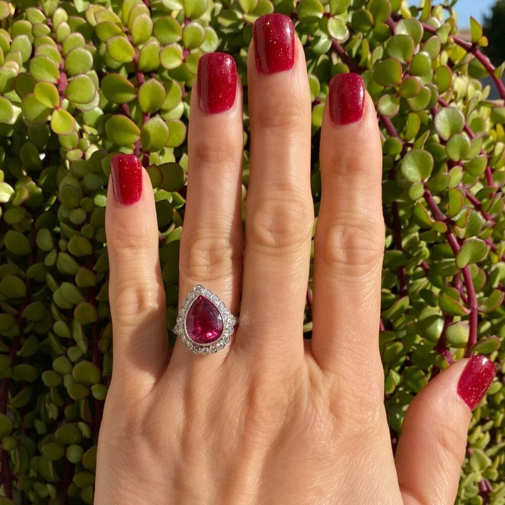 Platinum Pear Shape Rubellite Tourmaline & Diamond Ring at Regard Jewelry in Austin, Texas - Regard Jewelry