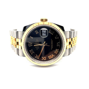 ROLEX DATEJUST BLACK DIAL TWO TONE, STAINLESS AND 18K YELLOW MENS WATCH AT REGARD JEWELRY IN AUSTIN, - Regard Jewelry