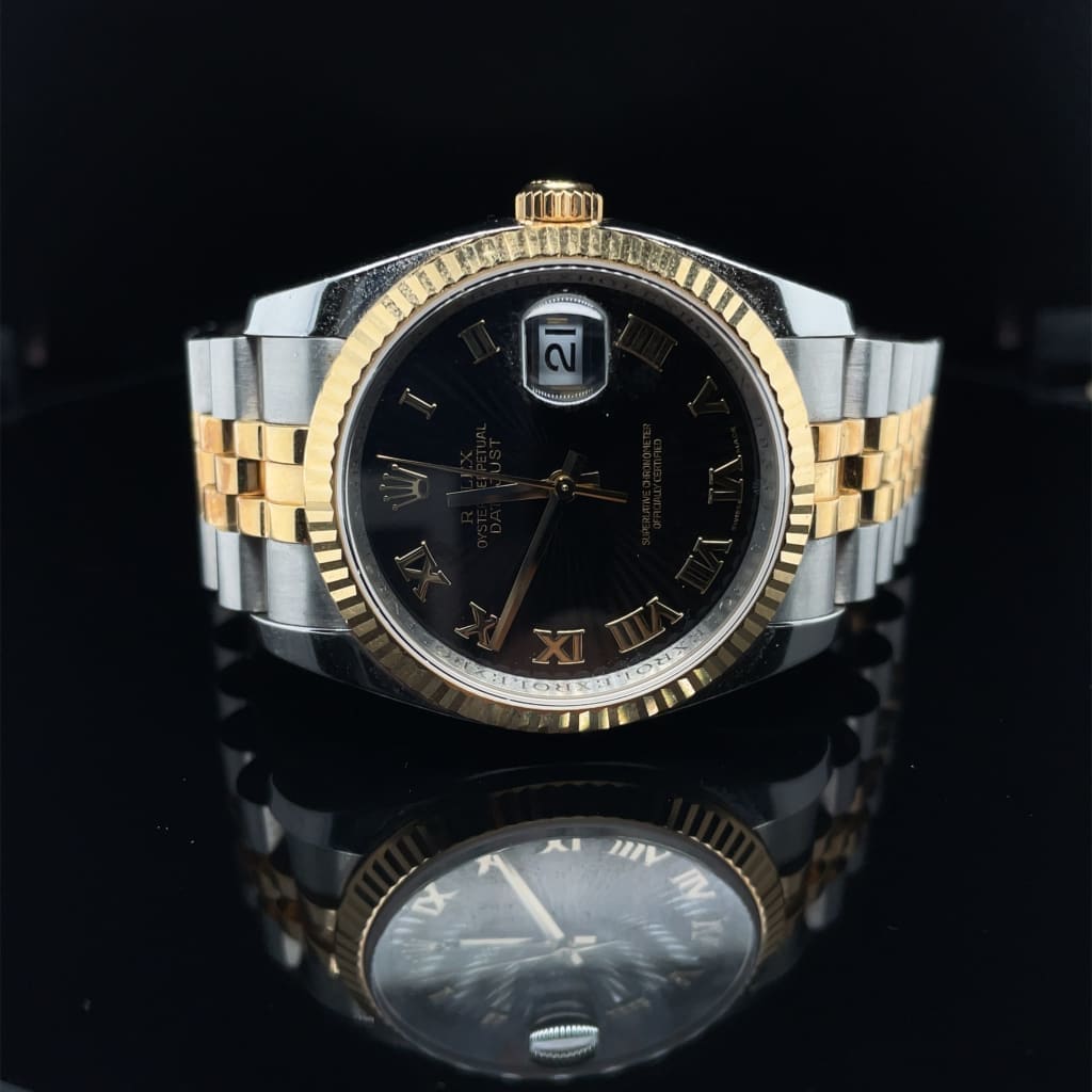 ROLEX DATEJUST BLACK DIAL TWO TONE, STAINLESS AND 18K YELLOW MENS WATCH AT REGARD JEWELRY IN AUSTIN, - Regard Jewelry
