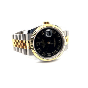 ROLEX DATEJUST BLACK DIAL TWO TONE, STAINLESS AND 18K YELLOW MENS WATCH AT REGARD JEWELRY IN AUSTIN, - Regard Jewelry