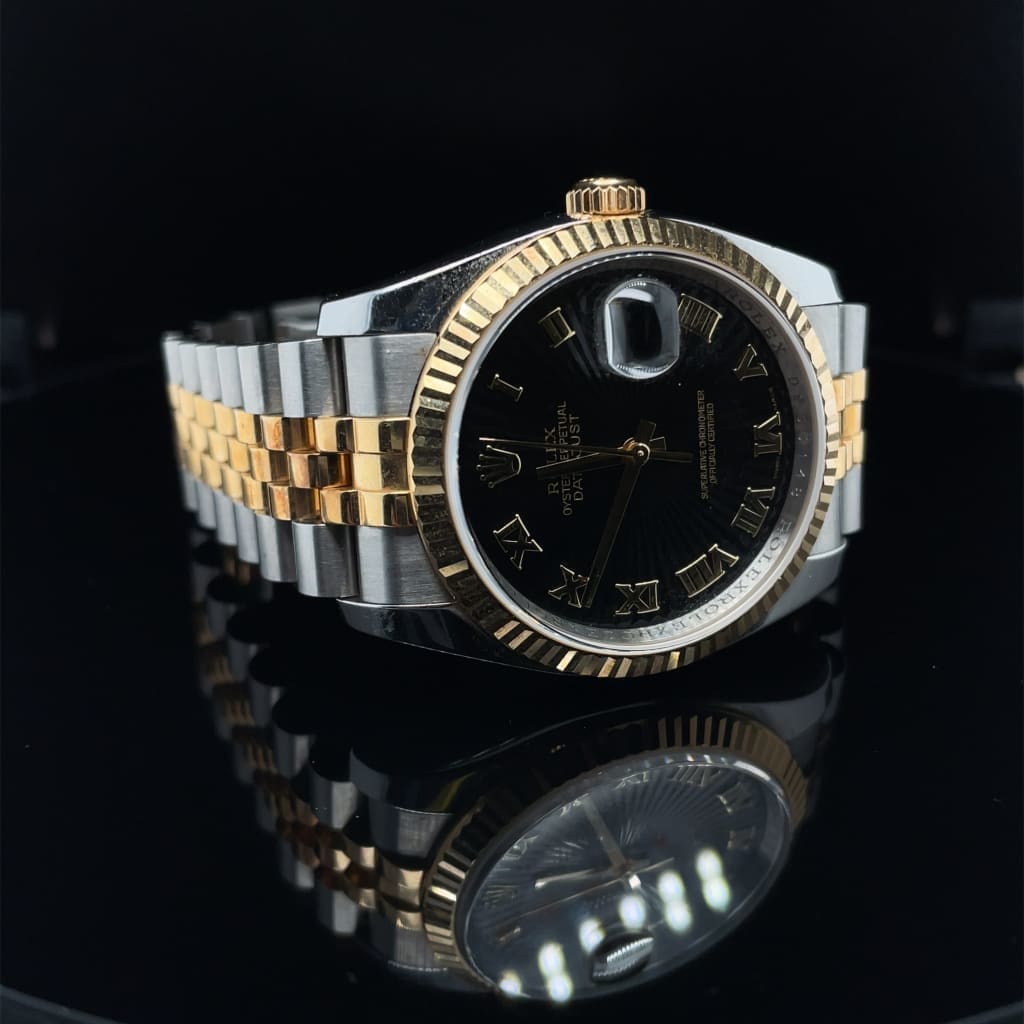 ROLEX DATEJUST BLACK DIAL TWO TONE, STAINLESS AND 18K YELLOW MENS WATCH AT REGARD JEWELRY IN AUSTIN, - Regard Jewelry