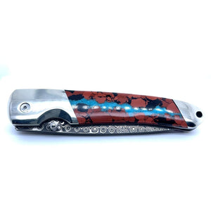 Single Sided Damascus Steel Vein Turquoise Collection 3" Linerlock Knife at Regard Jewelry in Austin, Texas - Regard Jewelry