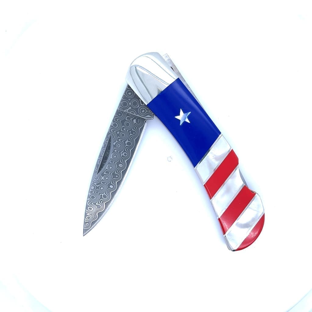 Single Sided Patriotic Collection 3" Damascus Lockback Knife at Regard Jewelry in Austin, Texas - Regard Jewelry